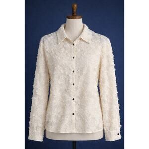 ZARA Textured Floral Lace Blouse Sheer Button Up Cream Long Sleeve Women S